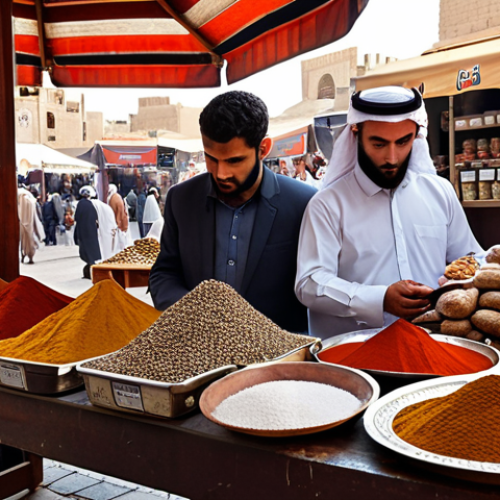 Home 4 **A vibrant, bustling marketplace in a traditional Arabic city. Stalls overflow with spices, dates, and textiles. In the foreground, a modern data analyst uses a tablet to analyze sales data, with real-time charts overlaid on the scene. The image represents the intersection of traditional commerce and modern data processing.**