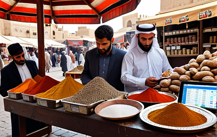 **A vibrant, bustling marketplace in a traditional Arabic city. Stalls overflow with spices, dates, and textiles. In the foreground, a modern data analyst uses a tablet to analyze sales data, with real-time charts overlaid on the scene. The image represents the intersection of traditional commerce and modern data processing.**