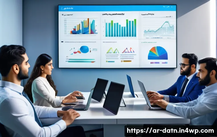 비즈니스 요구에 맞는 빅데이터 분석 프레임워크 선택 - A detailed professional office scene showcasing a diverse Middle Eastern data science team analyzing...