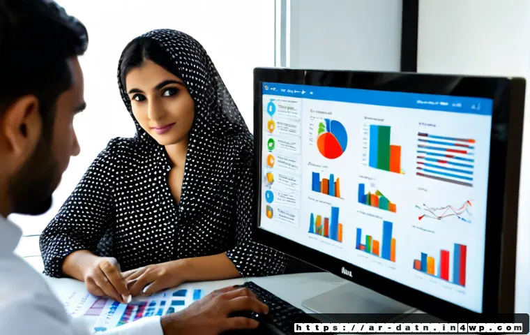데이터 마이닝과 빅데이터 분석 프레임워크의 차이 - Photorealistic modern analytics office in Dubai, Arab data analyst in modest professional attire stu...